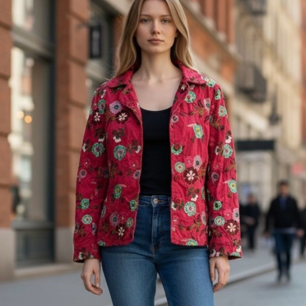 Johnny Was Floral Embroidered Women's Jacket Red Pink Green Gold XL